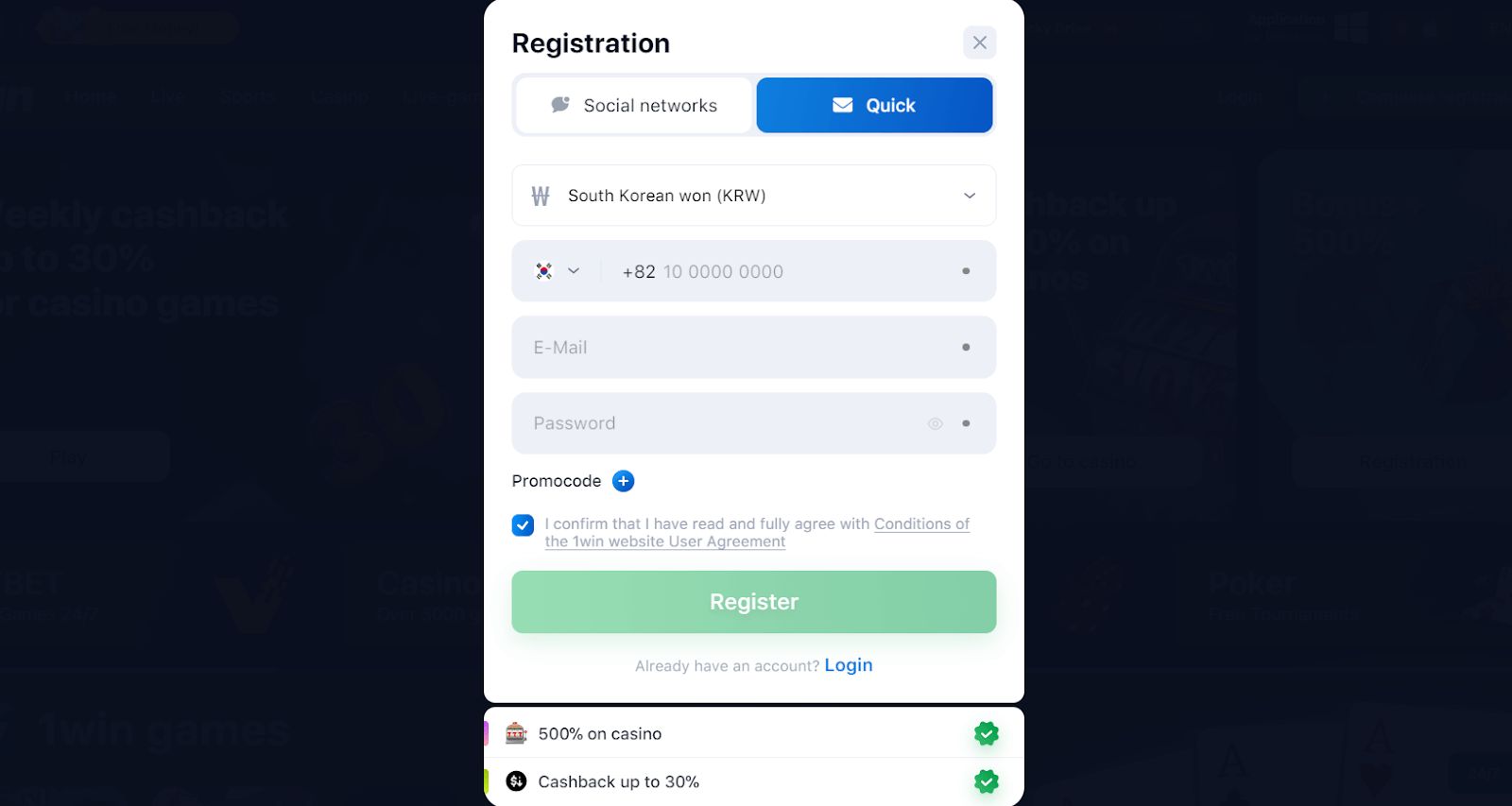 1win Registration free